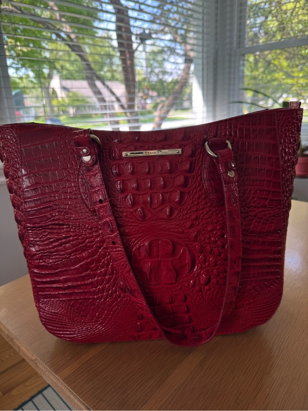 Brahmin Croc-Embossed Ruby Red Tote